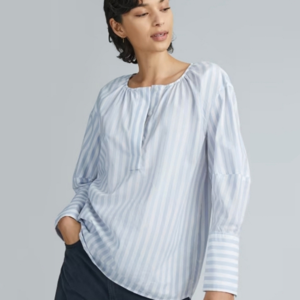 EVERLANE The Silky Cotton Balloon Sleeve Tunic Top Shirt Blue White Stripe 8